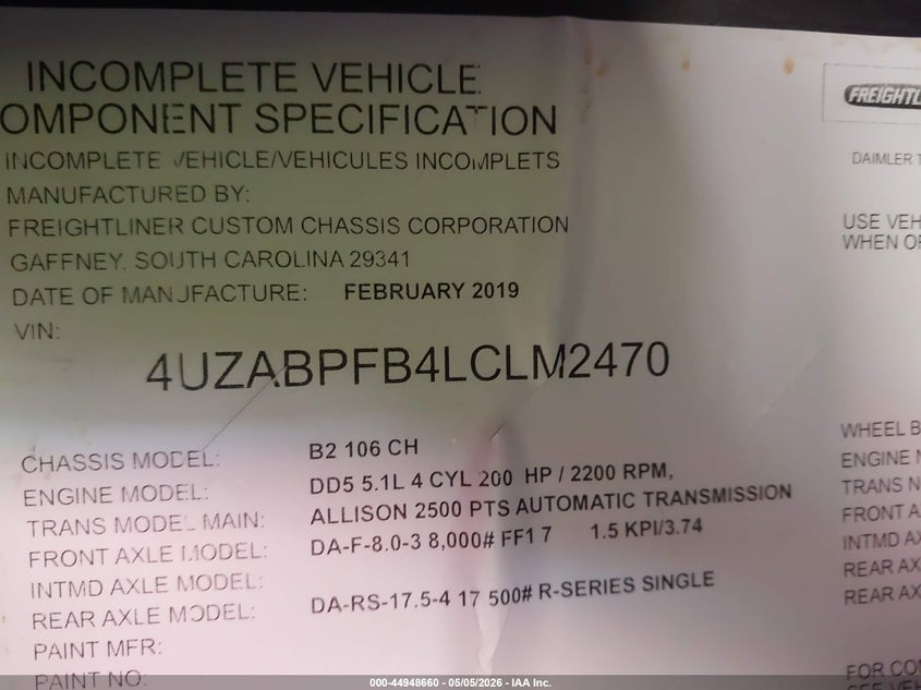 2020 OTHER FREIGHTLINER CHASSIS B2B BUS N/A