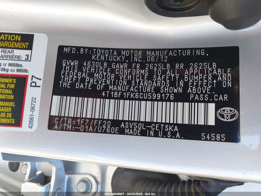 2012 TOYOTA CAMRY SEDAN 2.5L I-4 DOHC, VVT, 173HP