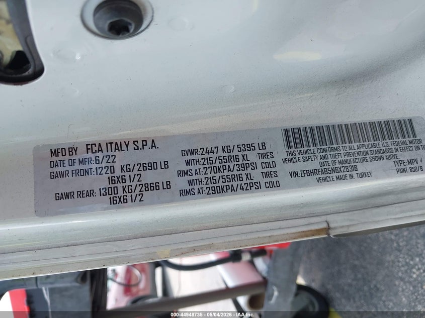 2022 RAM PROMASTER CITY 2.4L I-4 DOHC, VVT, (VIN: ZFBHRFAB5N6X28318