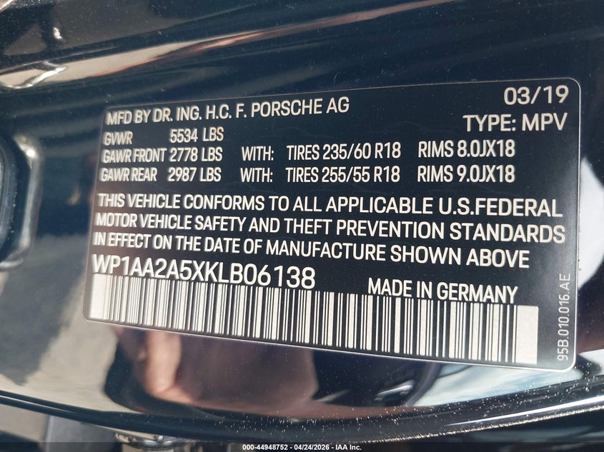 2019 PORSCHE MACAN SPORT UTILITY VEHICLE 2.0L I-4 DI, DOHC, VVT, TURBO, 248HP