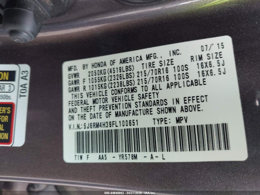 2015 HONDA CR-V SPORT UTILITY VEHICLE 2.4L I-4 DI, DOHC, VVT, 185HP