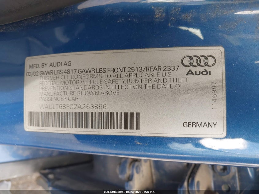 2002 Audi A4 3.0 VIN: WAULT68E02A263896 Lot: 44948895