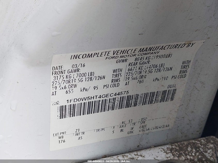 2016 Ford F550 F-550 Chassis Xl white Lot 111044949023 Vin 1FD0W5HT4GEC44575
