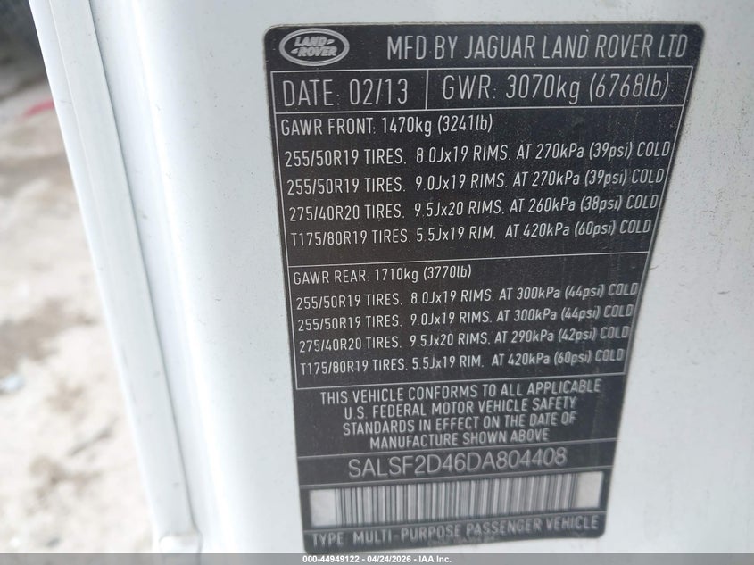 2013 Land Rover Range Rover Sport Hse VIN: SALSF2D46DA804408 Lot: 44949122