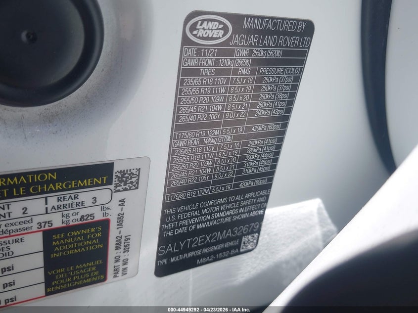 2021 Land Rover Range Rover Velar P250 R-Dynamic S VIN: SALYT2EX2MA326791 Lot: 44949292