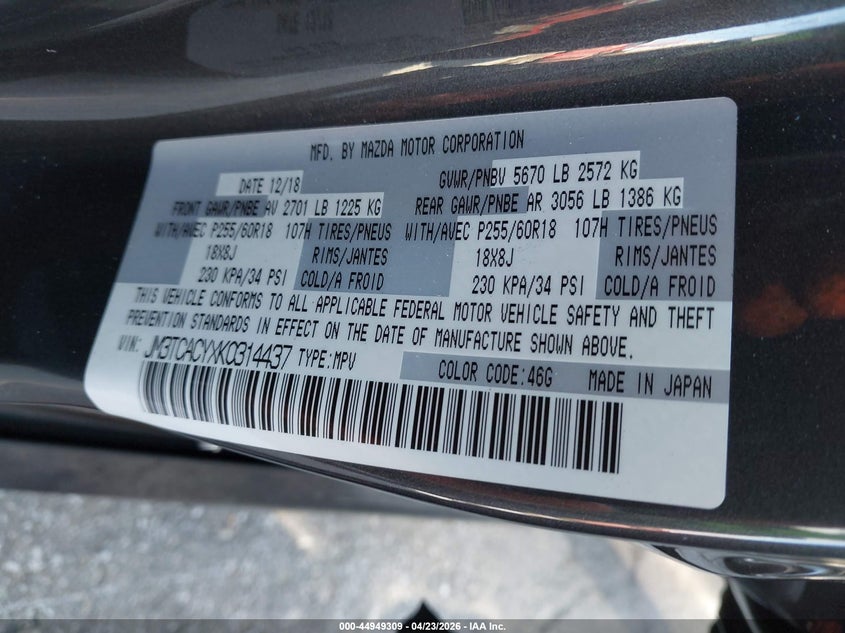 2019 Mazda Cx-9 Touring VIN: JM3TCACYXK0314437 Lot: 44949309