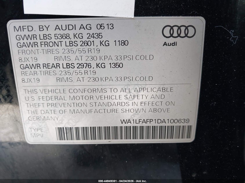 2013 Audi Q5 2.0T Premium VIN: WA1LFAFP1DA100639 Lot: 44949381