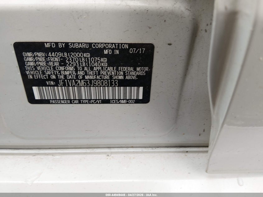 2018 Subaru Wrx Sti VIN: JF1VA2M63J9808133 Lot: 44949446