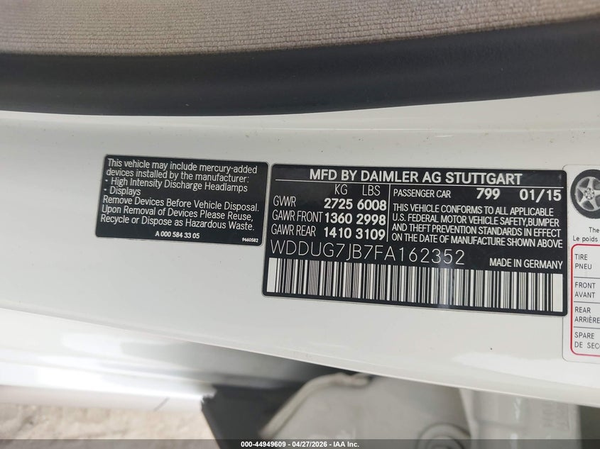 2015 Mercedes-Benz S 63 Amg 4Matic VIN: WDDUG7JB7FA162352 Lot: 44949609