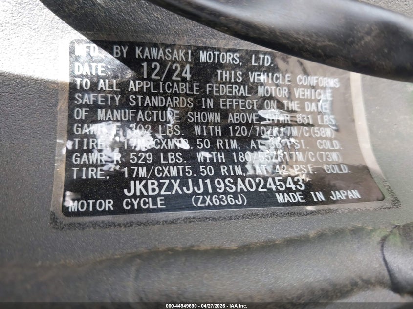 2025 Kawasaki Zx636 K VIN: JKBZXJJ19SA024543 Lot: 44949690