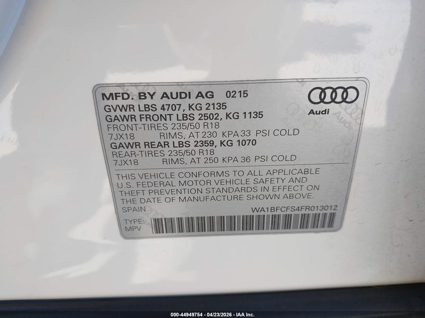 2015 Audi Q3 2.0T Premium Plus VIN: WA1BFCFS4FR013012 Lot: 44949754