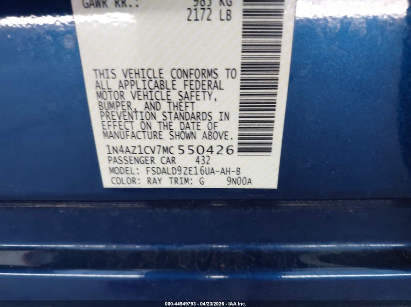 2021 NISSAN LEAF VIN: 1N4AZ1CV7MC550426
