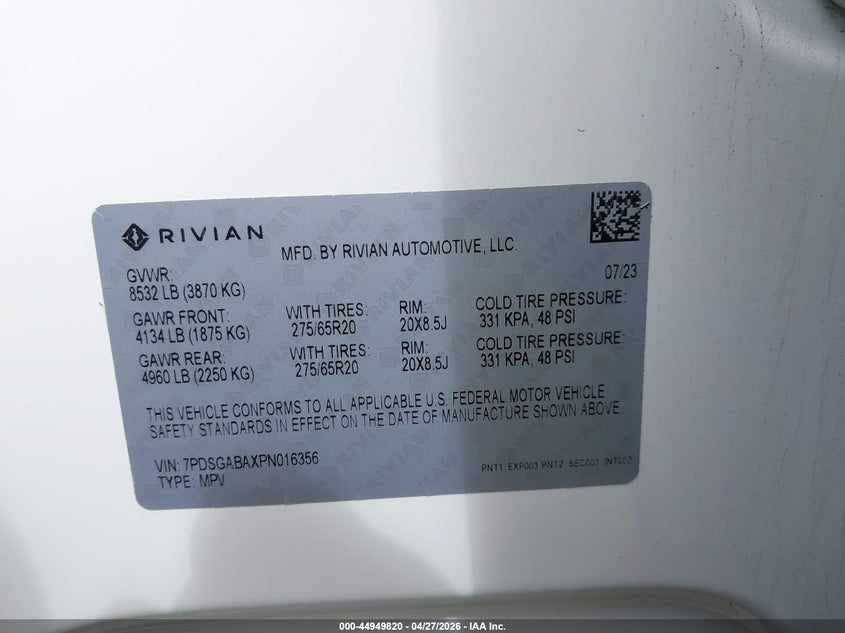 2023 Rivian R1S Adventure VIN: 7PDSGABAXPN016356 Lot: 44949820