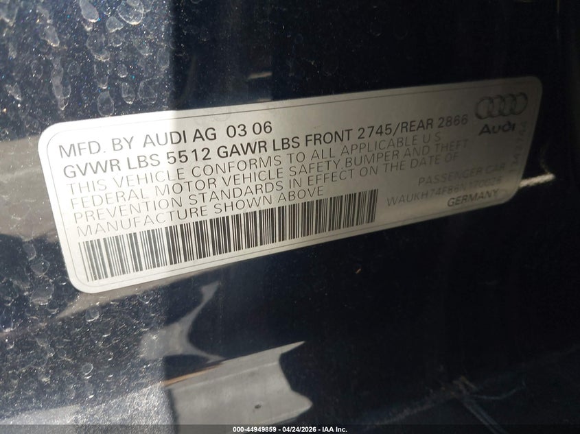 2006 Audi A6 3.2 Avant VIN: WAUKH74F86N170026 Lot: 44949859