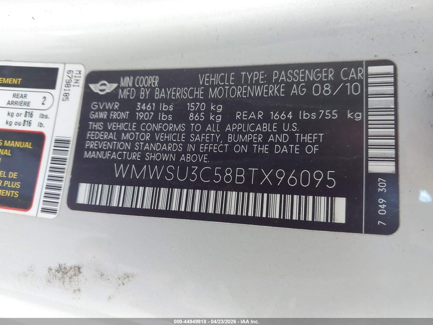 2011 Mini Cooper 1.6 white Lot 111044949918 Vin WMWSU3C58BTX96095