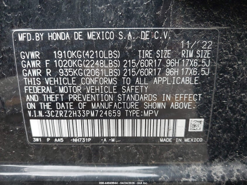 VIN 3CZRZ2H33PM724659 2023 HONDA HR-V AWD LX