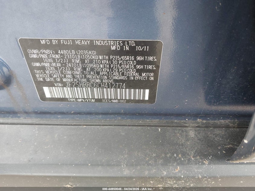 2012 Subaru Forester 2.5 2.5X blue Lot 111044950046 Vin JF2SHBBC6CH412774