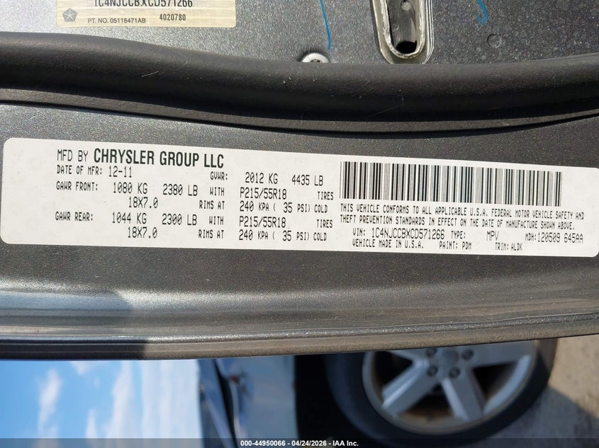 2012 Jeep Compass Limited VIN: 1C4NJCCBXCD571266 Lot: 44950066