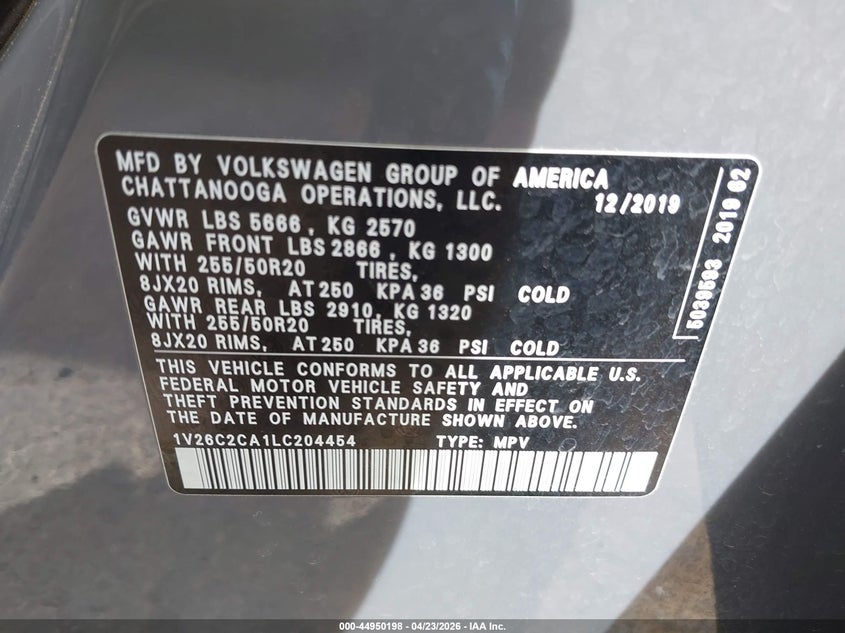 2020 Volkswagen Atlas Cross Sport 2.0T Se W/Technology/2.0T Se W/Technology R-Line VIN: 1V26C2CA1LC204454 Lot: 44950198
