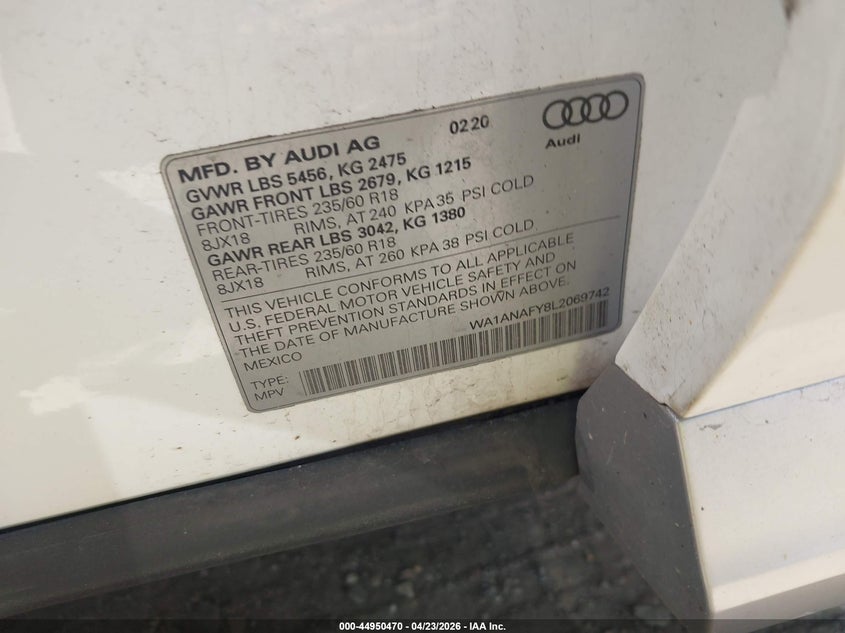 2020 Audi Q5 Premium 45 Tfsi Quattro S Tronic VIN: WA1ANAFY8L2069742 Lot: 44950470