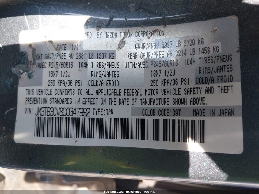 2012 Mazda Cx-9 Touring VIN: JM3TB3CV8C0347992 Lot: 44950526