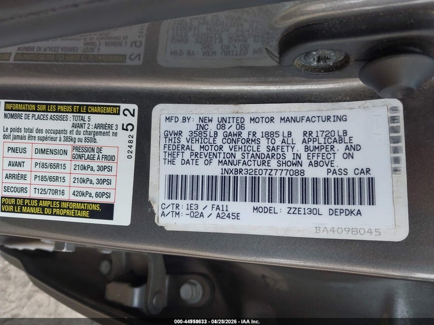 TOYOTA COROLLA 2007 VIN 1NXBR32E07Z777088