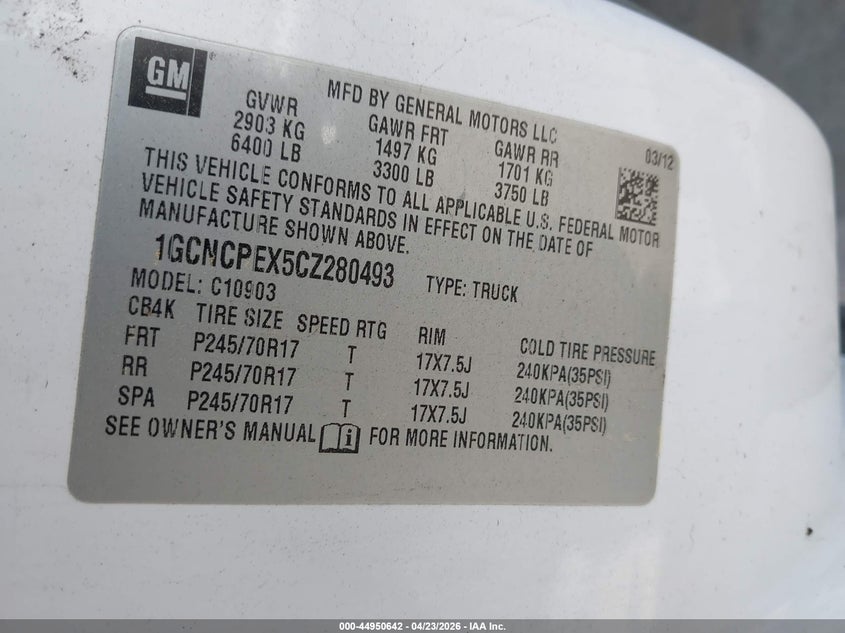 1GCNCPEX5CZ280493 2012 Chevrolet Silverado 4.3 Work Truck White