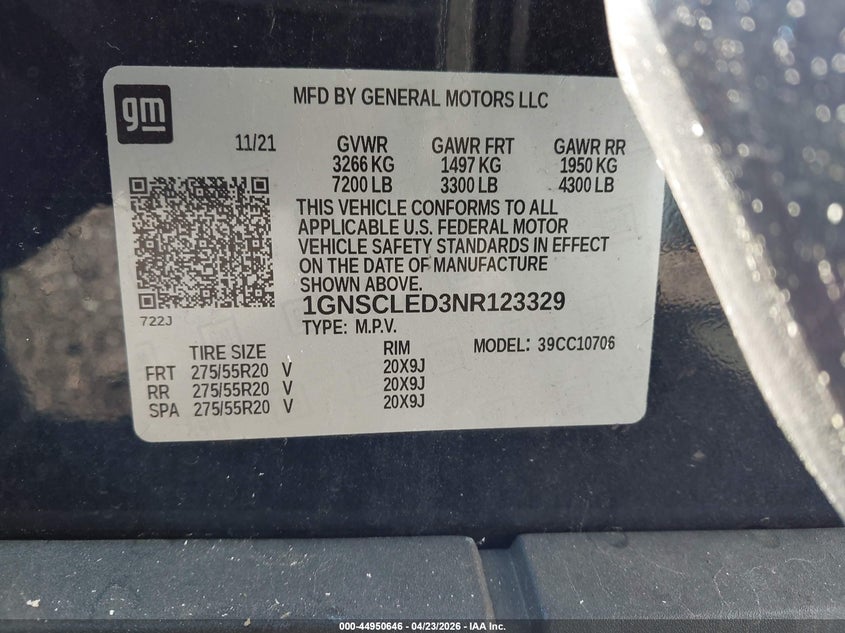 2022 Chevrolet Tahoe 2Wd Commercial Fleet VIN: 1GNSCLED3NR123329 Lot: 44950646