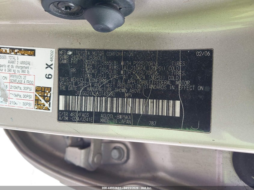 2006 Toyota Highlander VIN: JTEGD21A260143980 Lot: 44950651