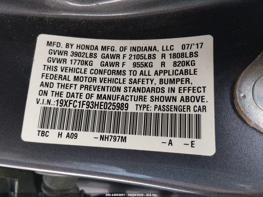 VIN 19XFC1F93HE025989 2017 HONDA CIVIC TOURING