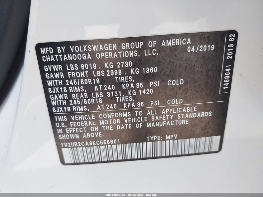 2019 Volkswagen Atlas 3.6L V6 Se W/Technology VIN: 1V2UR2CA6KC558801 Lot: 44950703