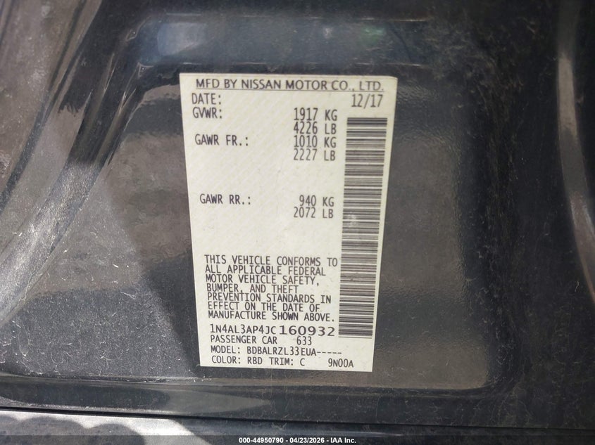VIN 1N4AL3AP4JC160932 2018 NISSAN ALTIMA 2.5 SL