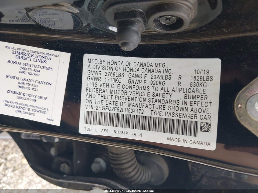 VIN 2HGFC2F62LH504172 2020 HONDA CIVIC LX