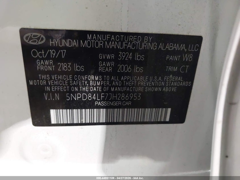 VIN 5NPD84LF7JH286953 2018 HYUNDAI ELANTRA VALUE EDITION