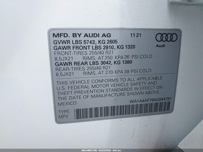 2022 Audi Sq5 Premium Tfsi Quattro Tiptronic VIN: WA1A4AFY6N2044781 Lot: 44951198
