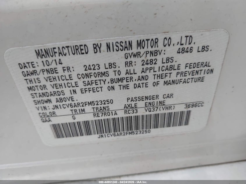2015 Infiniti Q40 VIN: JN1CV6AR2FM523250 Lot: 44951240