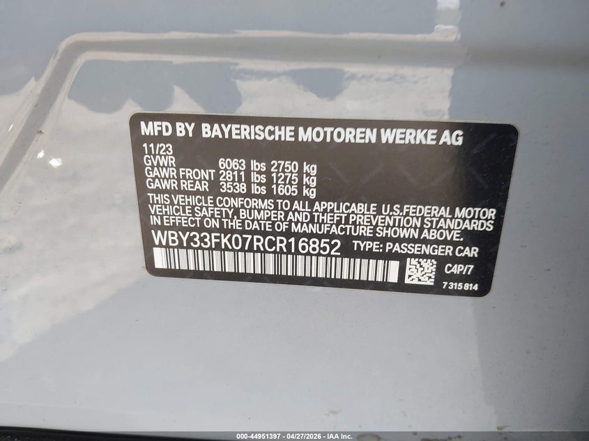2024 BMW I5 Edrive40 VIN: WBY33FK07RCR16852 Lot: 44951397