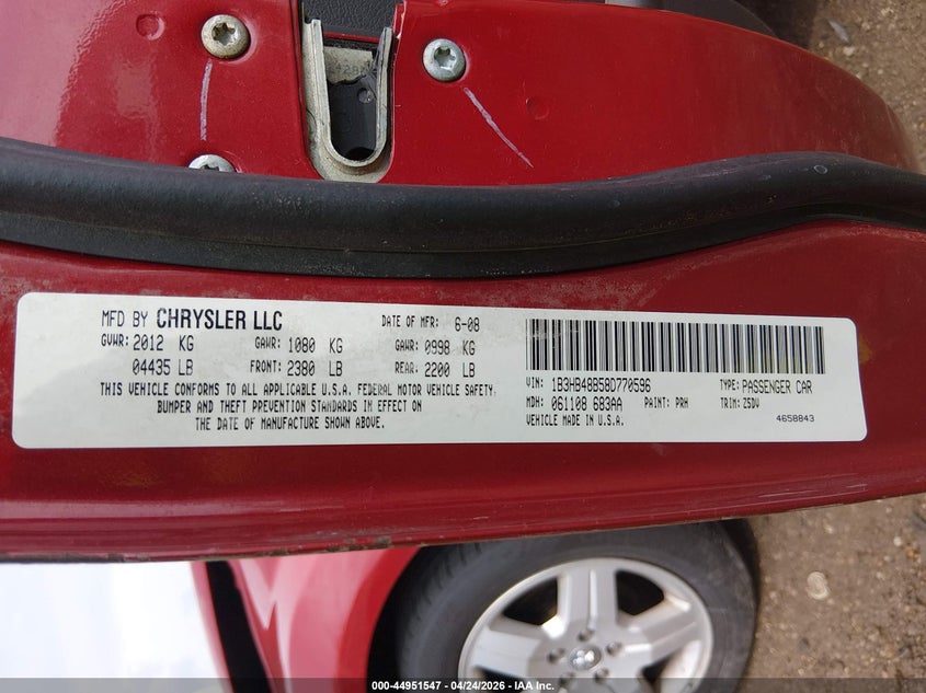 2008 Dodge Caliber Sxt VIN: 1B3HB48B58D770596 Lot: 44951547