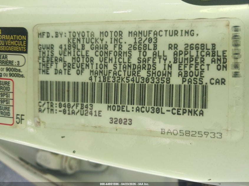 2004 Toyota Camry Le VIN: 4T1BE32K54U303358 Lot: 44951596