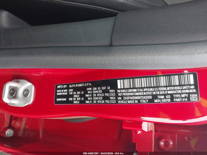 2022 Alfa Romeo Stelvio Veloce Ti Awd VIN: ZASPAKBN6N7D42509 Lot: 44951597