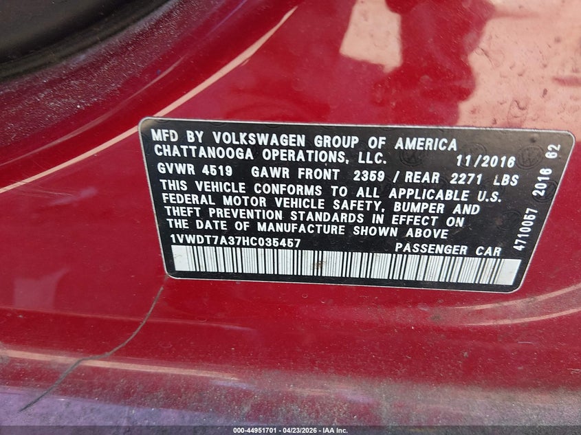 2017 Volkswagen Passat 1.8T R-Line VIN: 1VWDT7A37HC035457 Lot: 44951701
