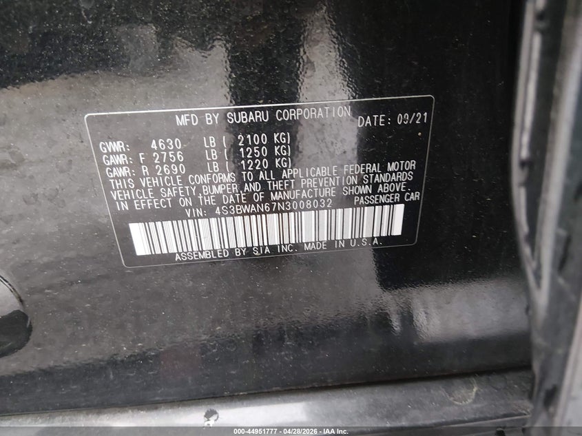 2022 Subaru Legacy Limited VIN: 4S3BWAN67N3008032 Lot: 44951777
