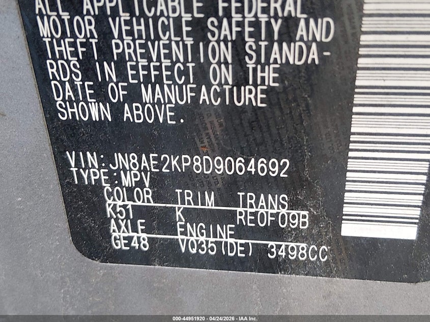 2013 Nissan Quest Sl VIN: JN8AE2KP8D9064692 Lot: 44951920