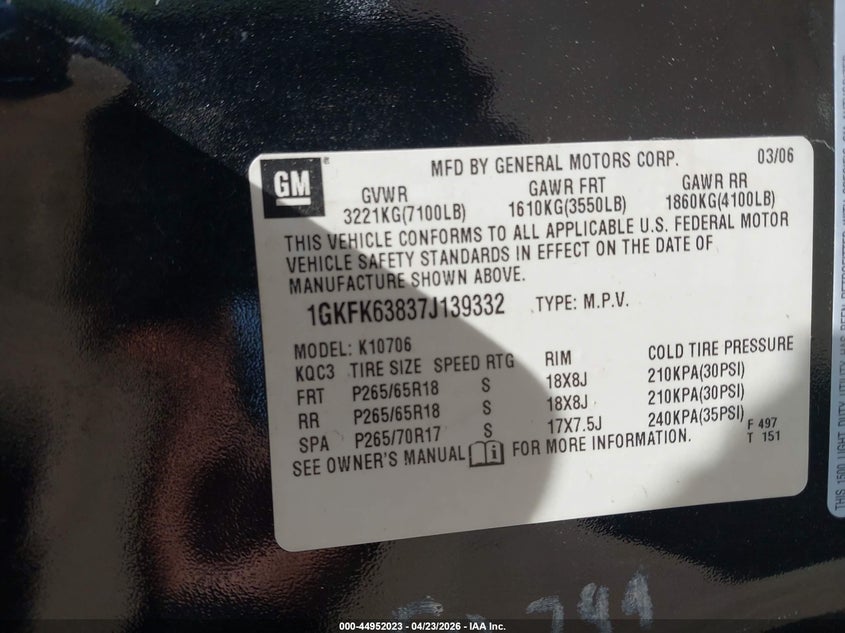 2007 GMC Yukon Denali VIN: 1GKFK63837J139332 Lot: 44952023