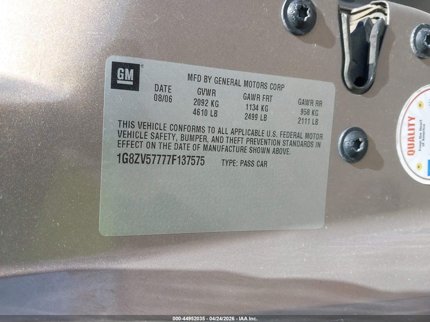 2007 Saturn Aura Xr VIN: 1G8ZV57777F137575 Lot: 44952035