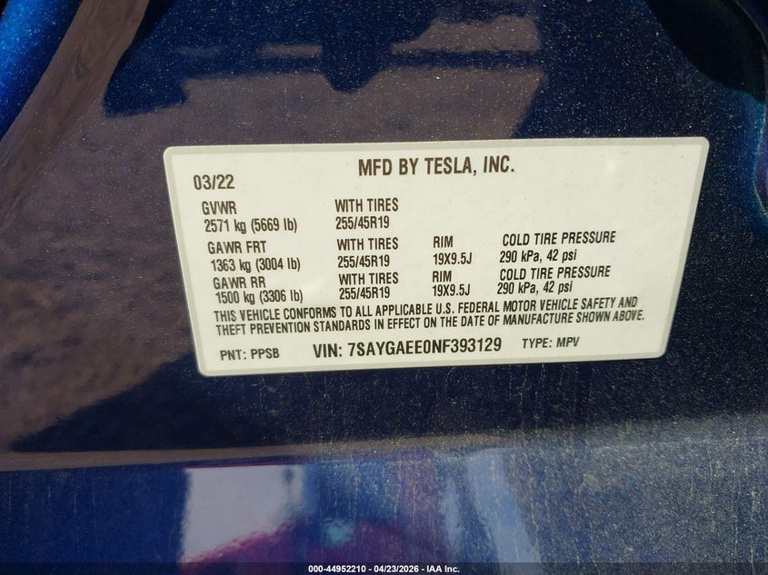 2022 Tesla Model Y Long Range Dual Motor All-Wheel Drive VIN: 7SAYGAEE0NF393129 Lot: 44952210