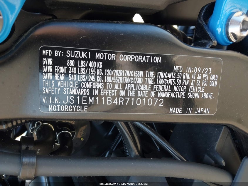 2024 Suzuki Gsx800 R VIN: JS1EM11B4R7101072 Lot: 44952217