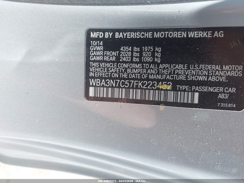 2015 BMW 428I VIN: WBA3N7C57FK223452 Lot: 44952272