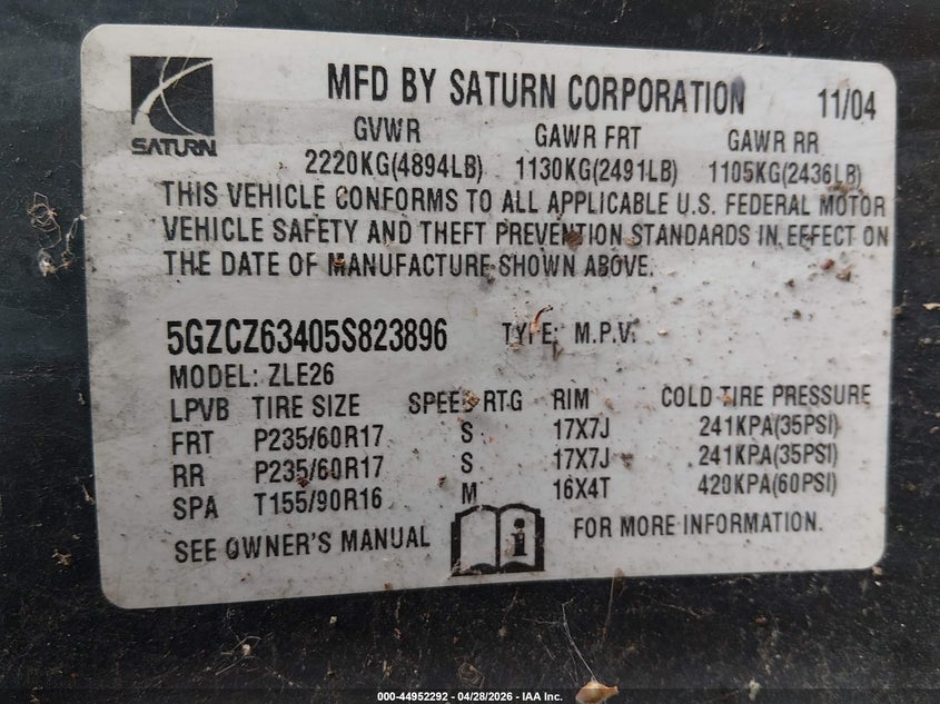 2005 Saturn Vue V6 VIN: 5GZCZ63405S823896 Lot: 44952292