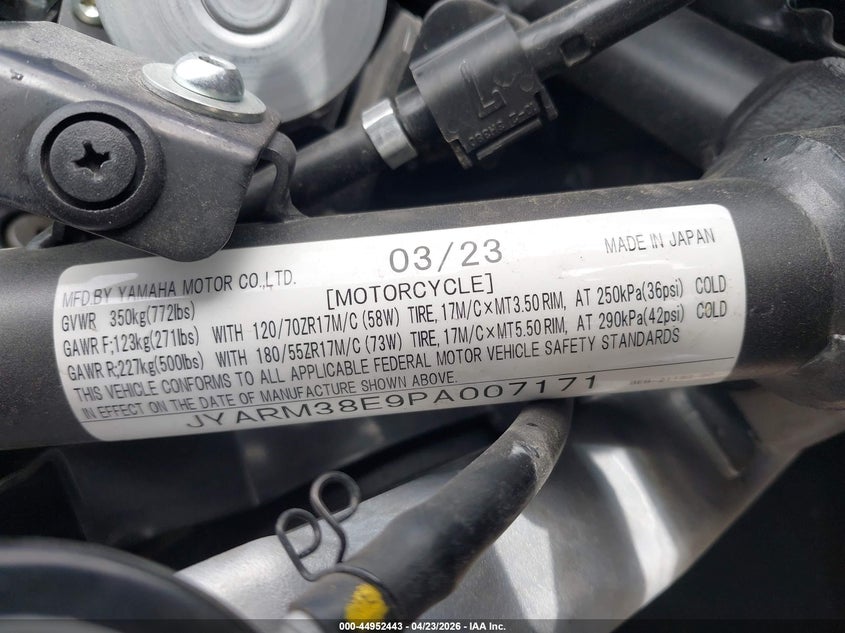 2023 Yamaha Yzfr7 VIN: JYARM38E9PA007171 Lot: 44952443